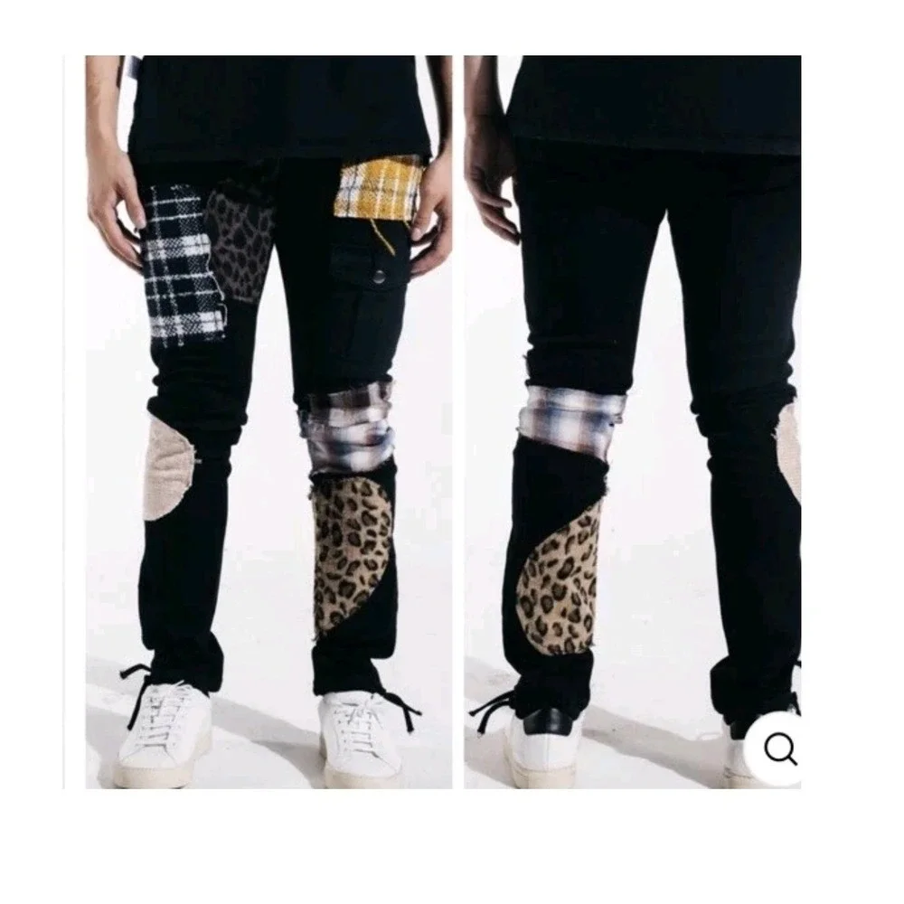 Embellish Trey Black Cargo Patchwork Jeans Leopard Plaid‎ Size 36 Streetwear
